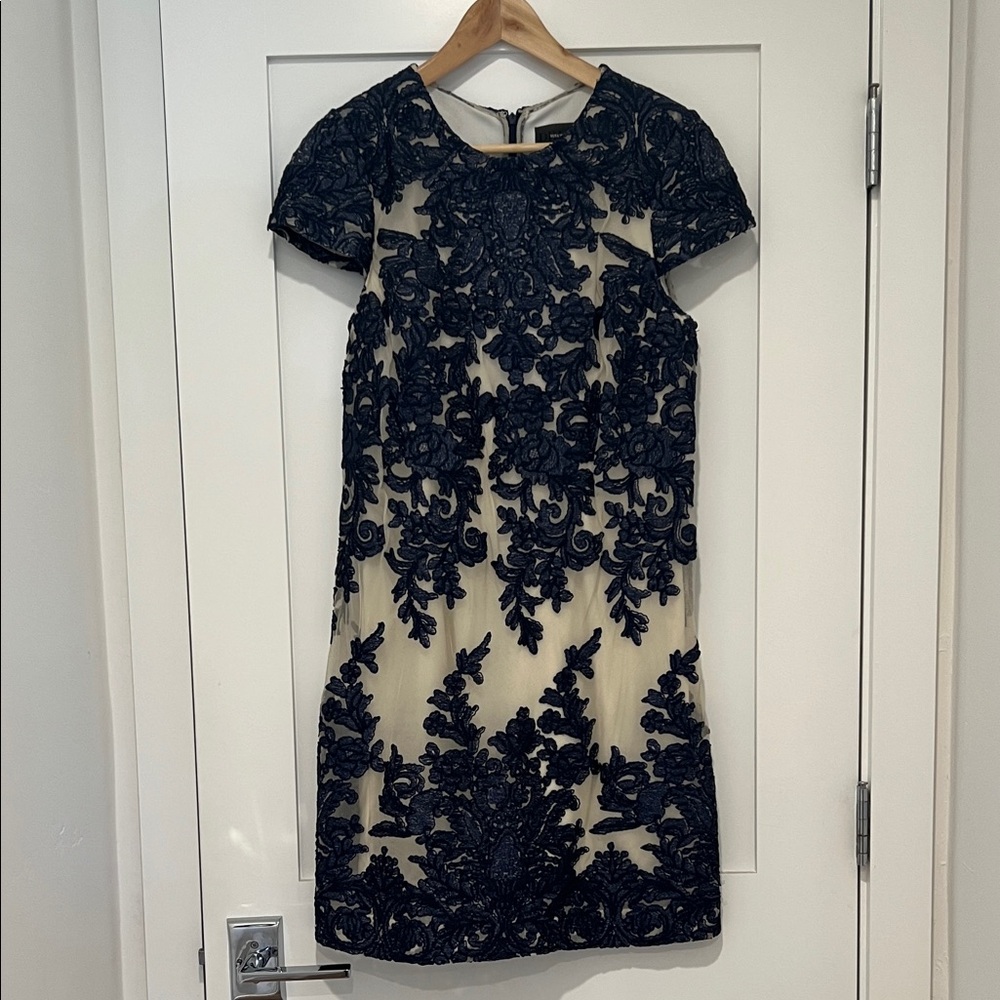 Vera Wang Navy Lace Appliqué Dress over Cream Base